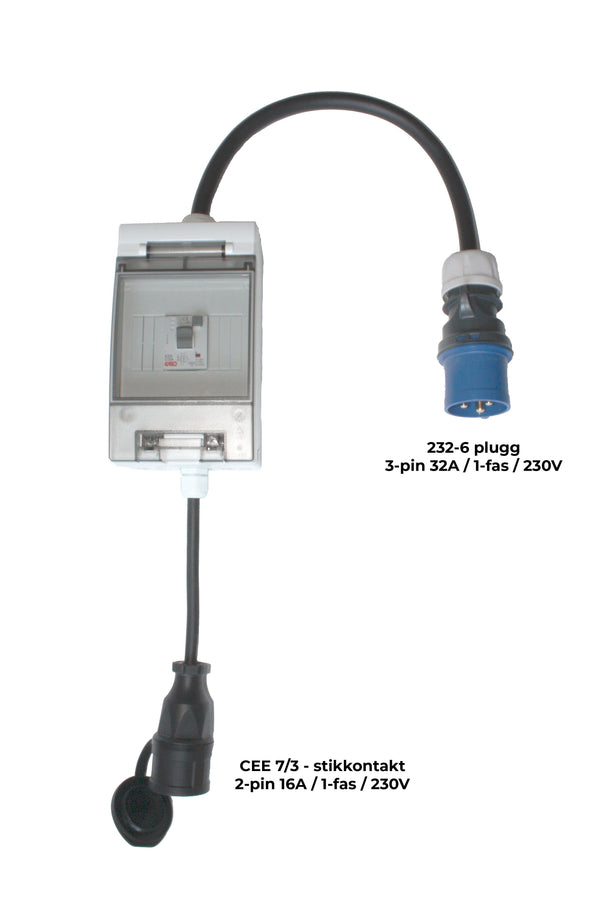 Charging cable adapter — 32A/1-phase blue CEE plug (232-6) to Schuko (16A/1-phase)
